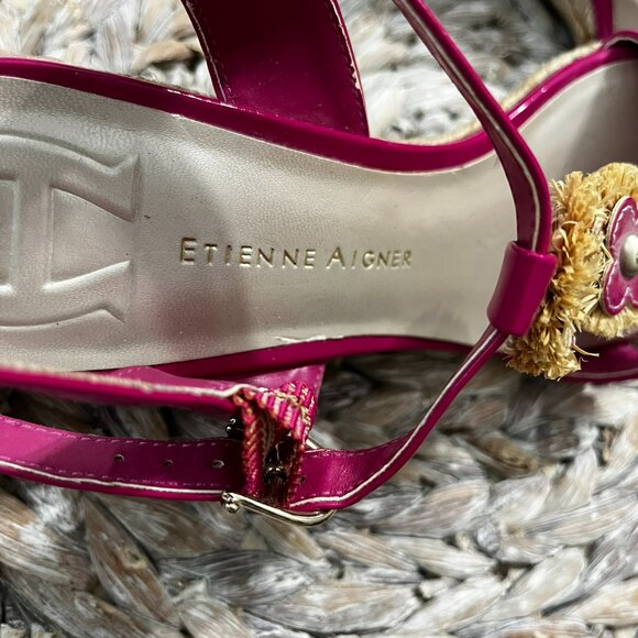 Etienne Aigner Pink Patent Leather Flower Embellished Espadrille Wedge Sandals 8 - Picture 7 of 13
